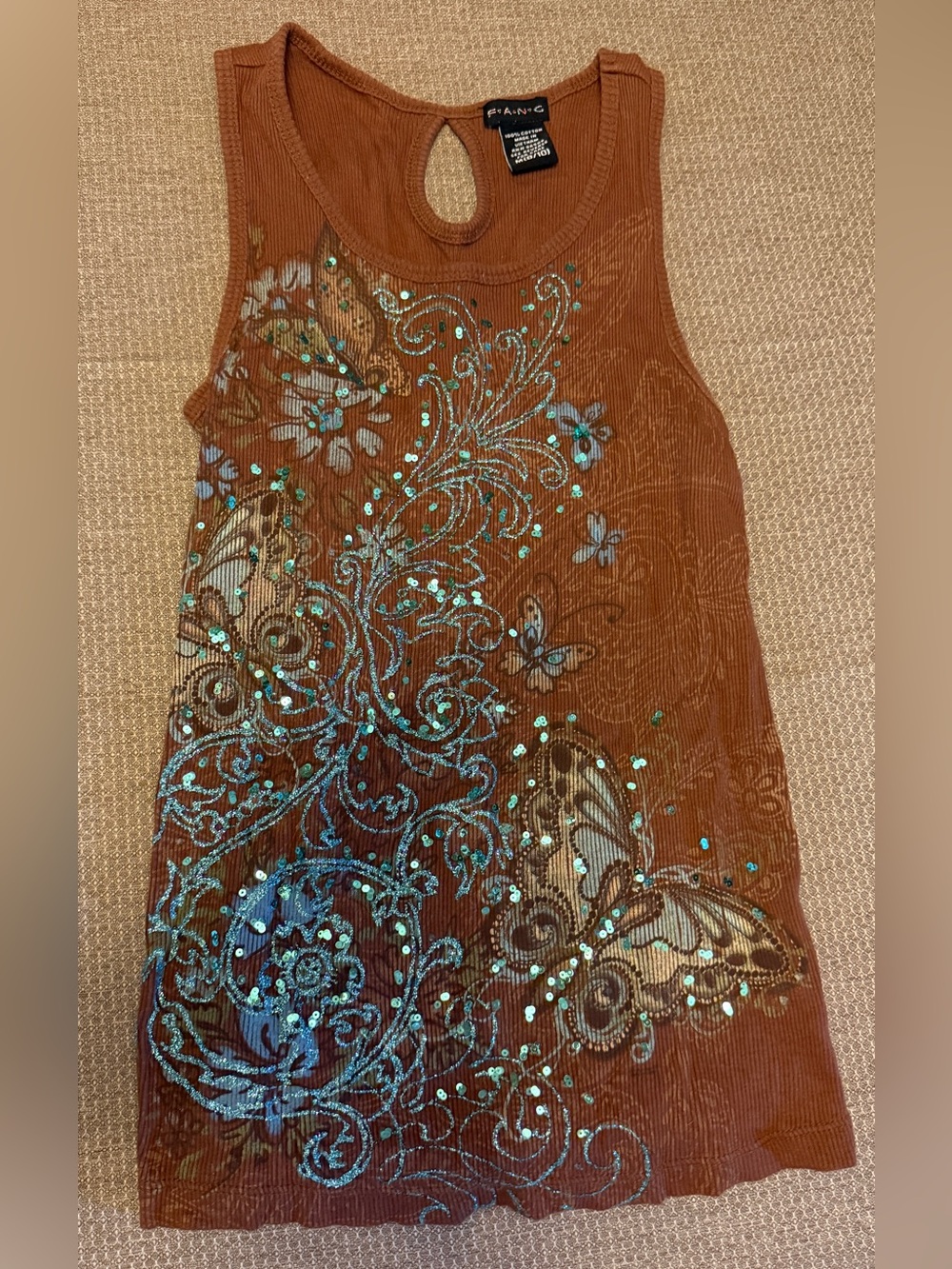 FANG Rust Brown Tank Top with Turquoise Embellishments